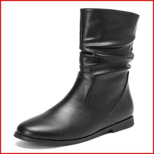Wide Calf Slouch Ankle Boots Low Heel Flats Zipper Comfortable Almond Toe